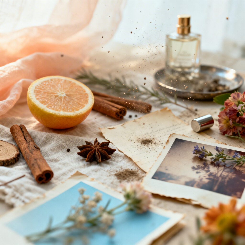 Moodboard olfativo com matérias-primas naturais (citrinos, madeiras, especiarias, flores).